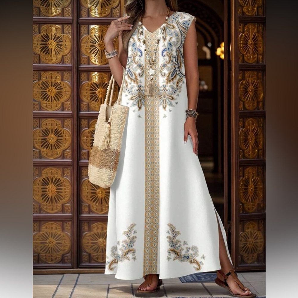 White and Beige Maxi Dress